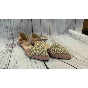 Women's Pink Ballet Flats Pearls Embellished Shoes Size 40